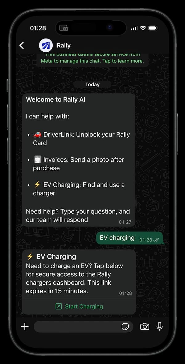 EV charging with Rally — WhatsApp charging session