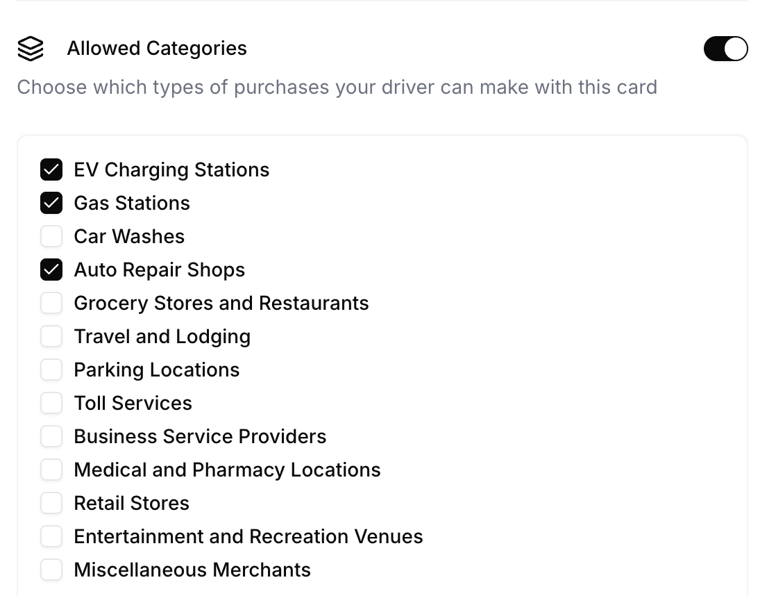Rally category controls for blocking unsupported fleet card purchases