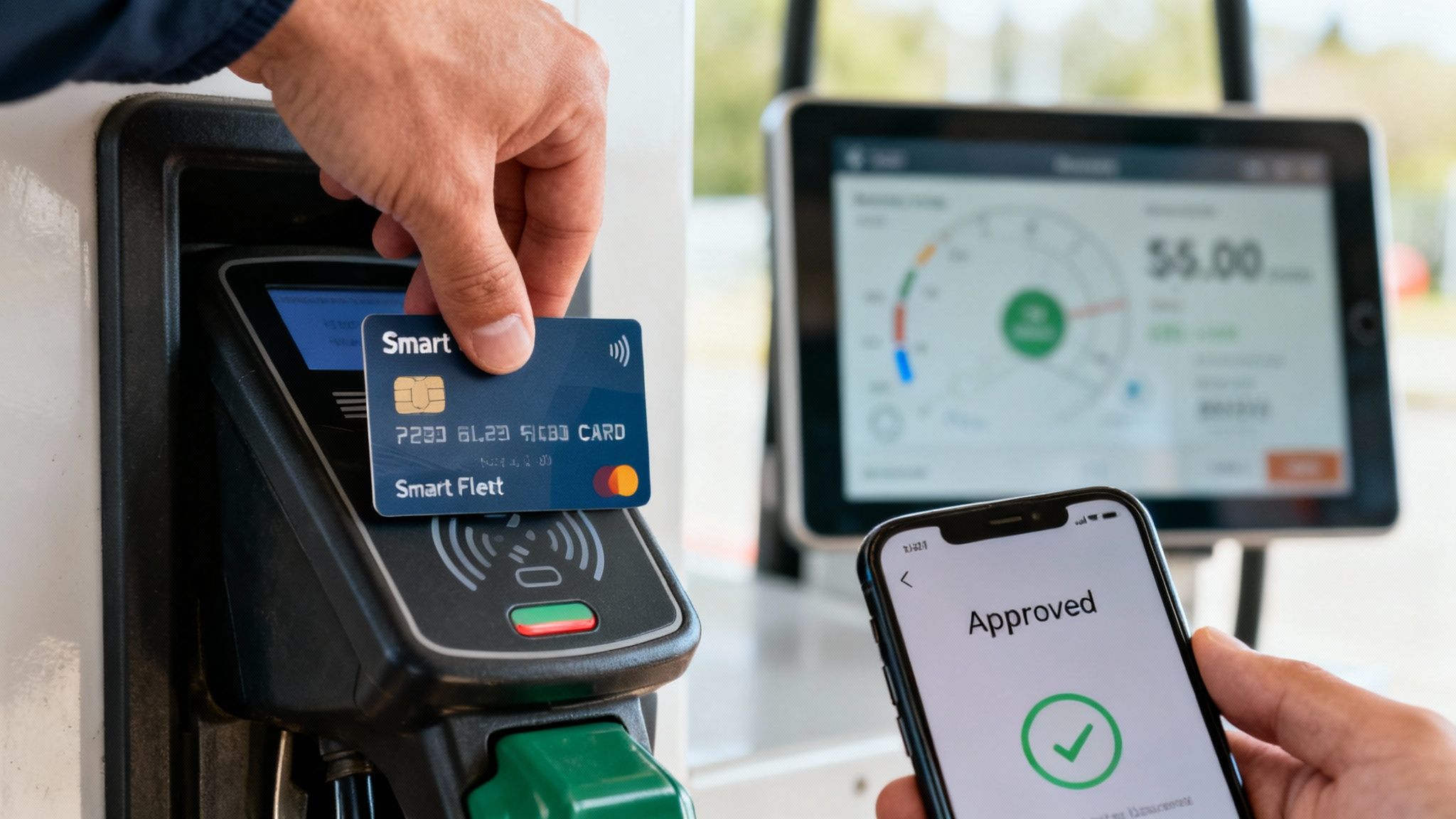 A person tapping a Smart Fleet credit card on a payment terminal, with a phone showing "Approved".