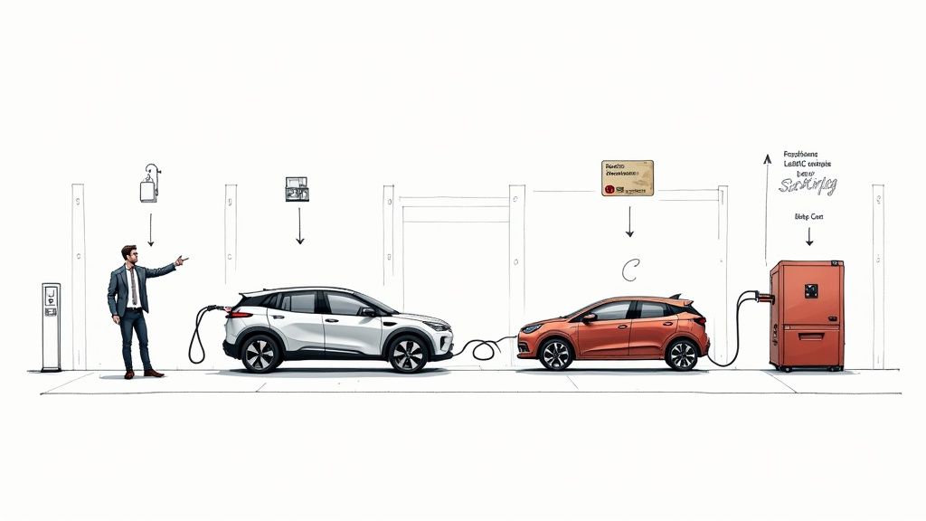 Man next to charging electric vehicles demonstrating vehicle-to-vehicle charging technology.