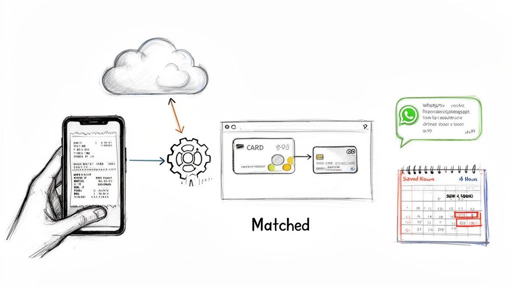 A hand scans a receipt with a smartphone, illustrating cloud processing, transaction matching, and digital expense tracking.