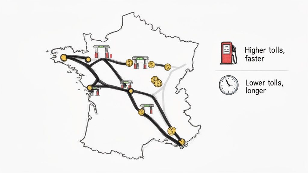 Map of France illustrating two types of road routes: faster highways with higher tolls and slower roads with lower tolls.