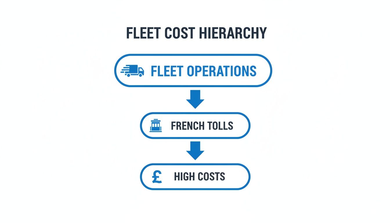 A flowchart illustrating the fleet cost hierarchy, showing Fleet Operations leading to French Tolls and then High Costs.