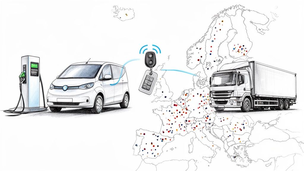 Illustration showing an electric car charging, a smart key, and a truck on a map of Europe.
