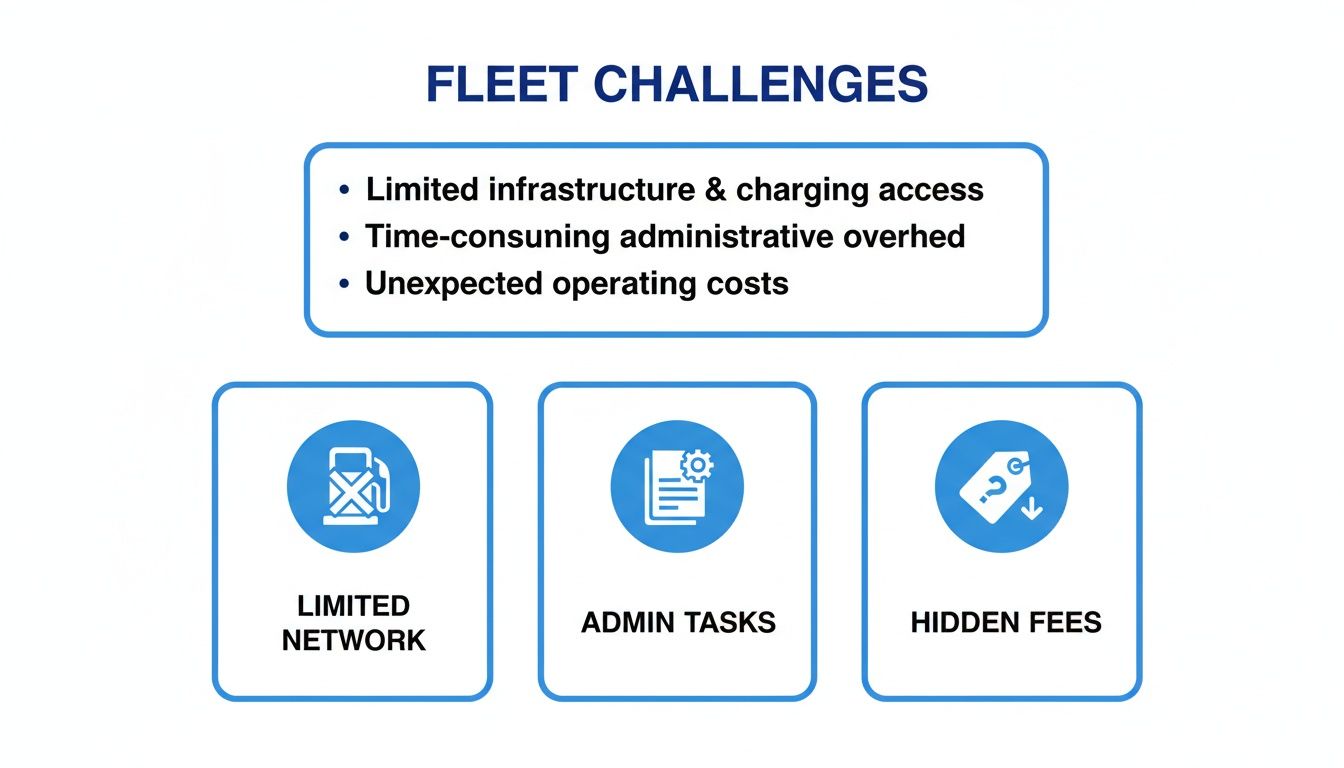 An infographic illustrating fleet challenges including limited network, admin tasks, and hidden fees.