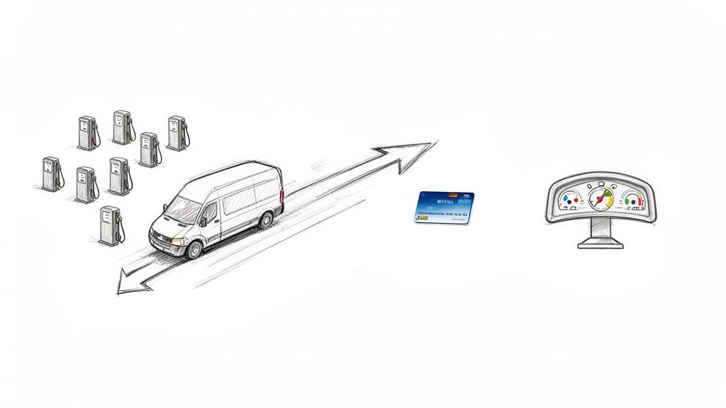 A drawing of a white van driving past fuel pumps, with a fuel card and dashboard display ahead.