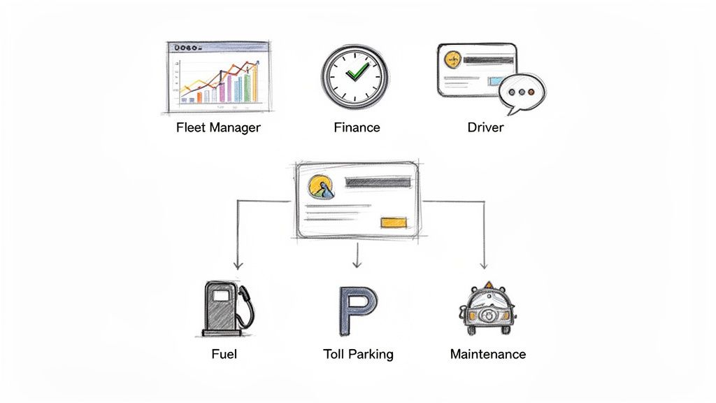 A visual representation of a fleet management system, showing a card connecting to fuel, parking, maintenance, and user roles.