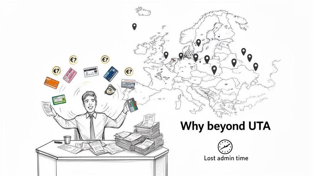 Sketch of a businessman juggling payment cards and receipts, indicating lost administrative time with multiple solutions across Europe.