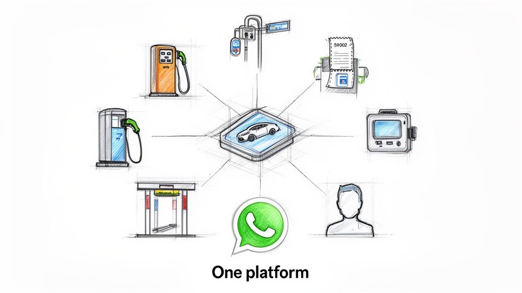 A central car platform connects various vehicle services: fuel, charging, car wash, payment, user, and WhatsApp.