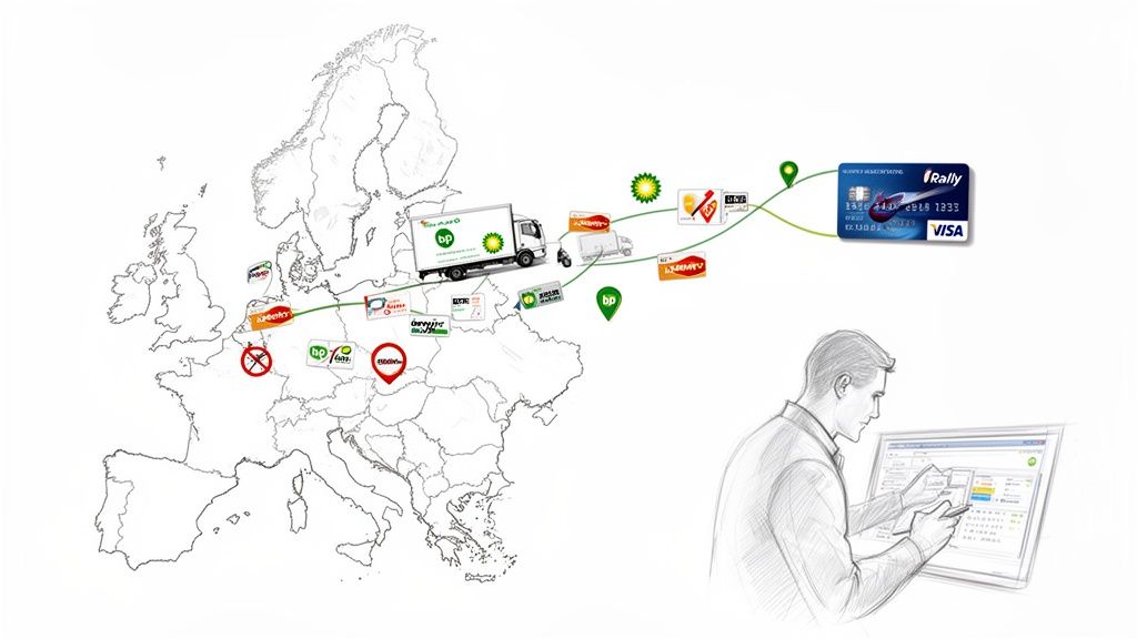 Map of Europe illustrating a BP fuel card network for trucks and logistics, managed online.