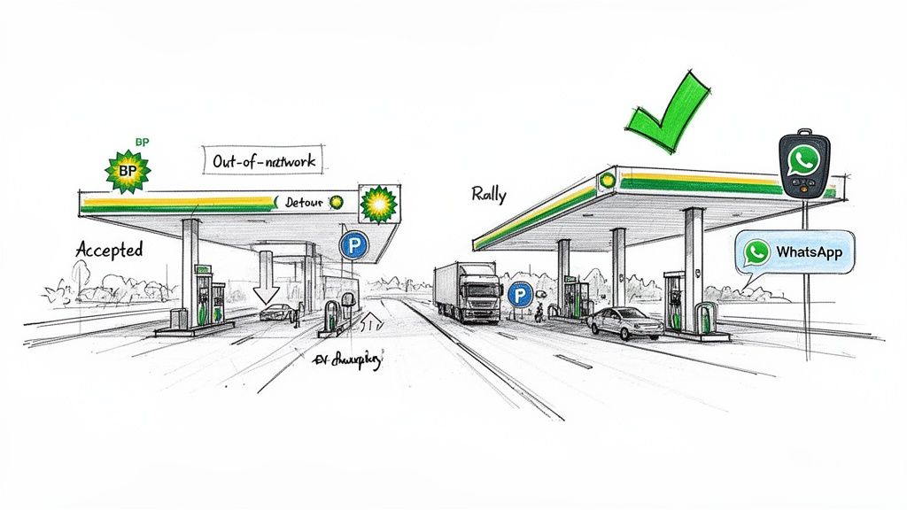 Sketch comparing an out-of-network BP gas station requiring a detour to a convenient, digitally integrated Rally station.