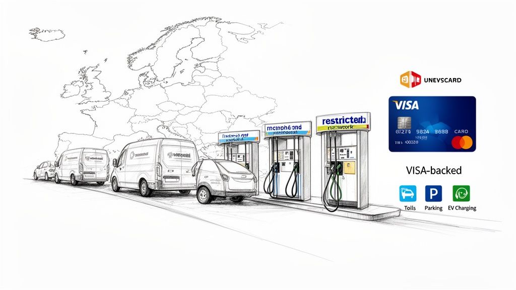 Illustration: European map, fleet vehicles charging at stations, and a universal Visa fleet card for tolls, parking, and EV charging.