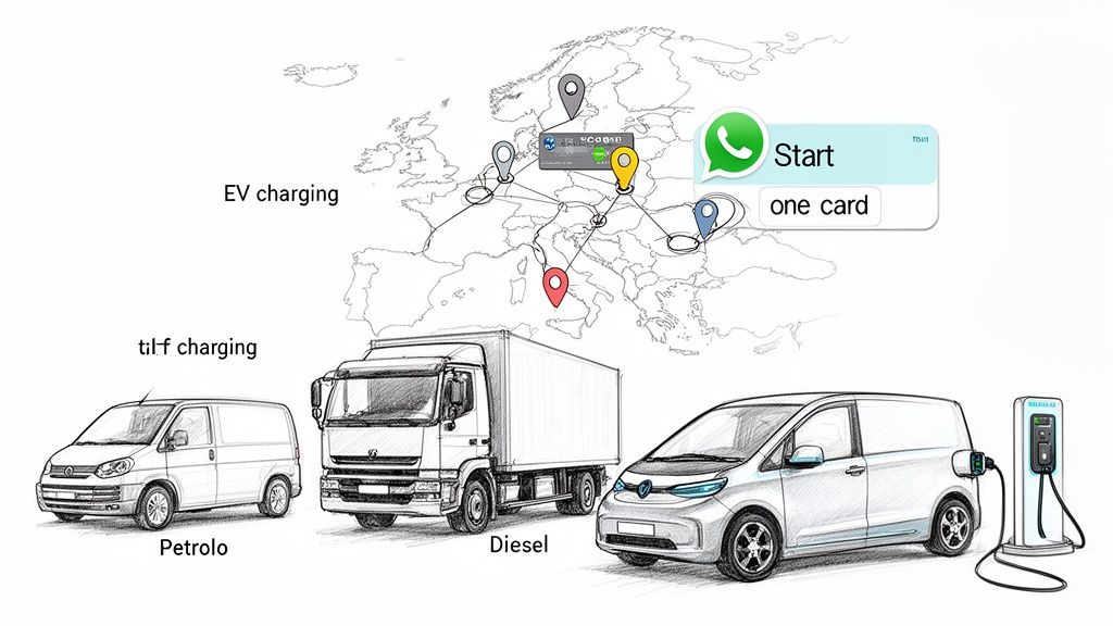 Map of Europe illustrating EV charging, fuel cards, petrol, and diesel fueling options for different vehicles.