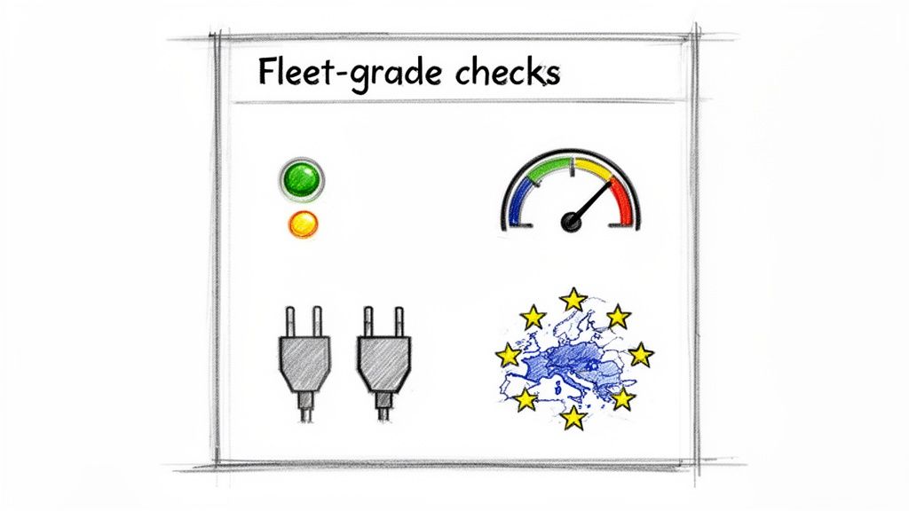 Illustration of 'Fleet-grade checks' with status lights, gauge, electrical plugs, and a European map.